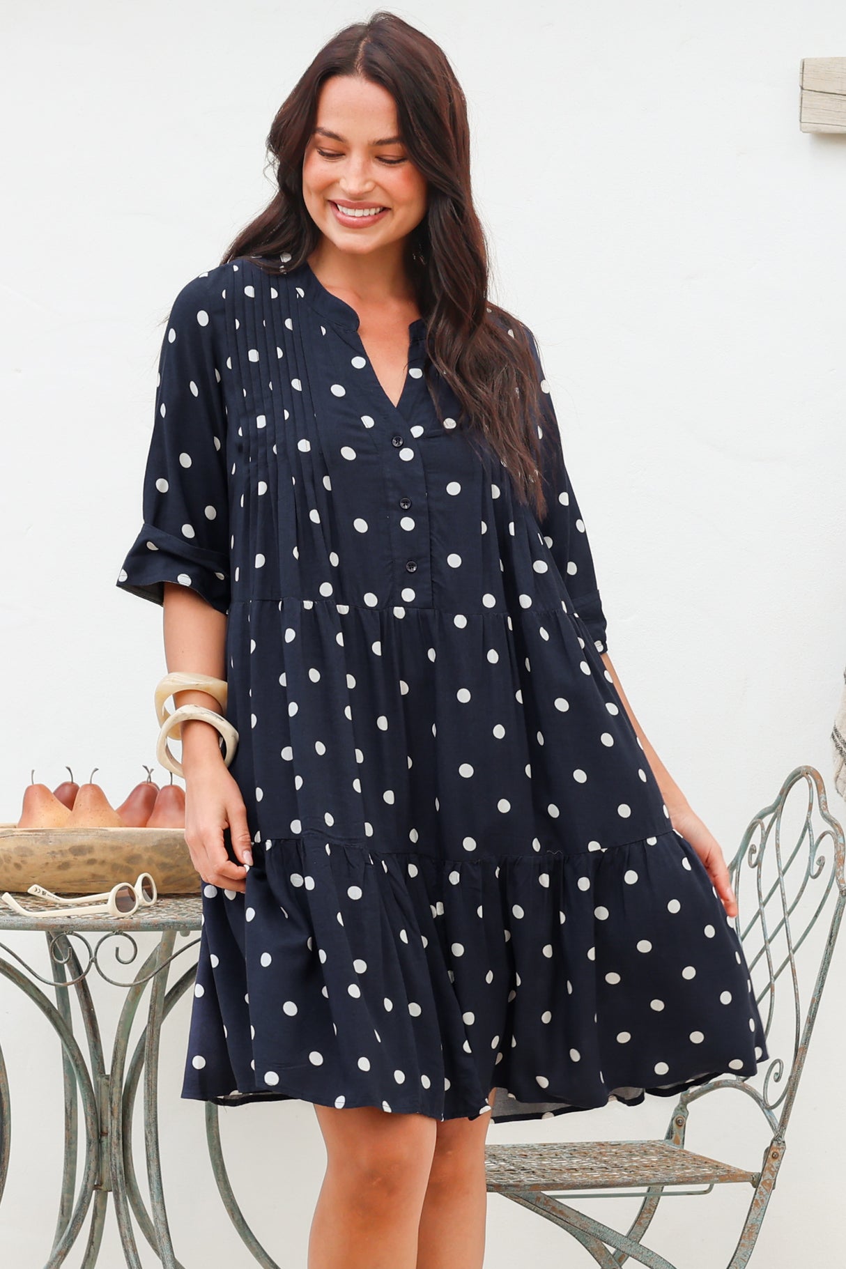 Evie Mini Dress - 3/4 Sleeve Tiered Smock Dress in Parisian Polka Navy