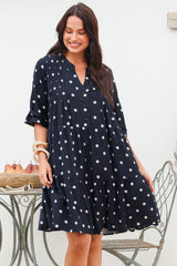 Evie Mini Dress - 3/4 Sleeve Tiered Smock Dress in Parisian Polka Navy