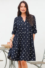 Evie Mini Dress - 3/4 Sleeve Tiered Smock Dress in Parisian Polka Navy