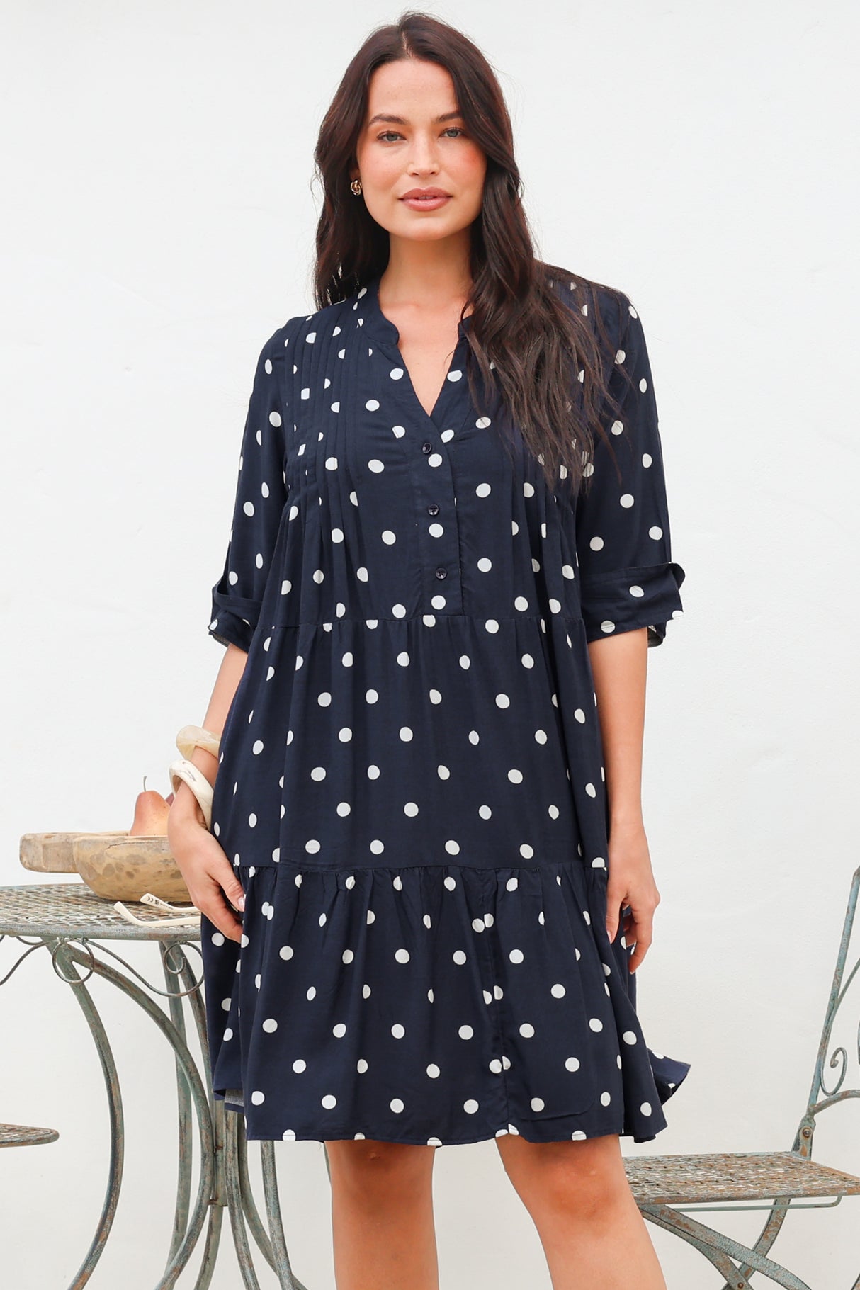 Evie Mini Dress - 3/4 Sleeve Tiered Smock Dress in Parisian Polka Navy