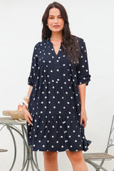 Evie Mini Dress - 3/4 Sleeve Tiered Smock Dress in Parisian Polka Navy