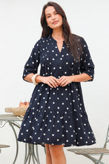 Evie Mini Dress - 3/4 Sleeve Tiered Smock Dress in Parisian Polka Navy