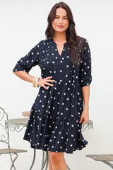 Evie Mini Dress - 3/4 Sleeve Tiered Smock Dress in Parisian Polka Navy