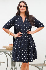Evie Mini Dress - 3/4 Sleeve Tiered Smock Dress in Parisian Polka Navy