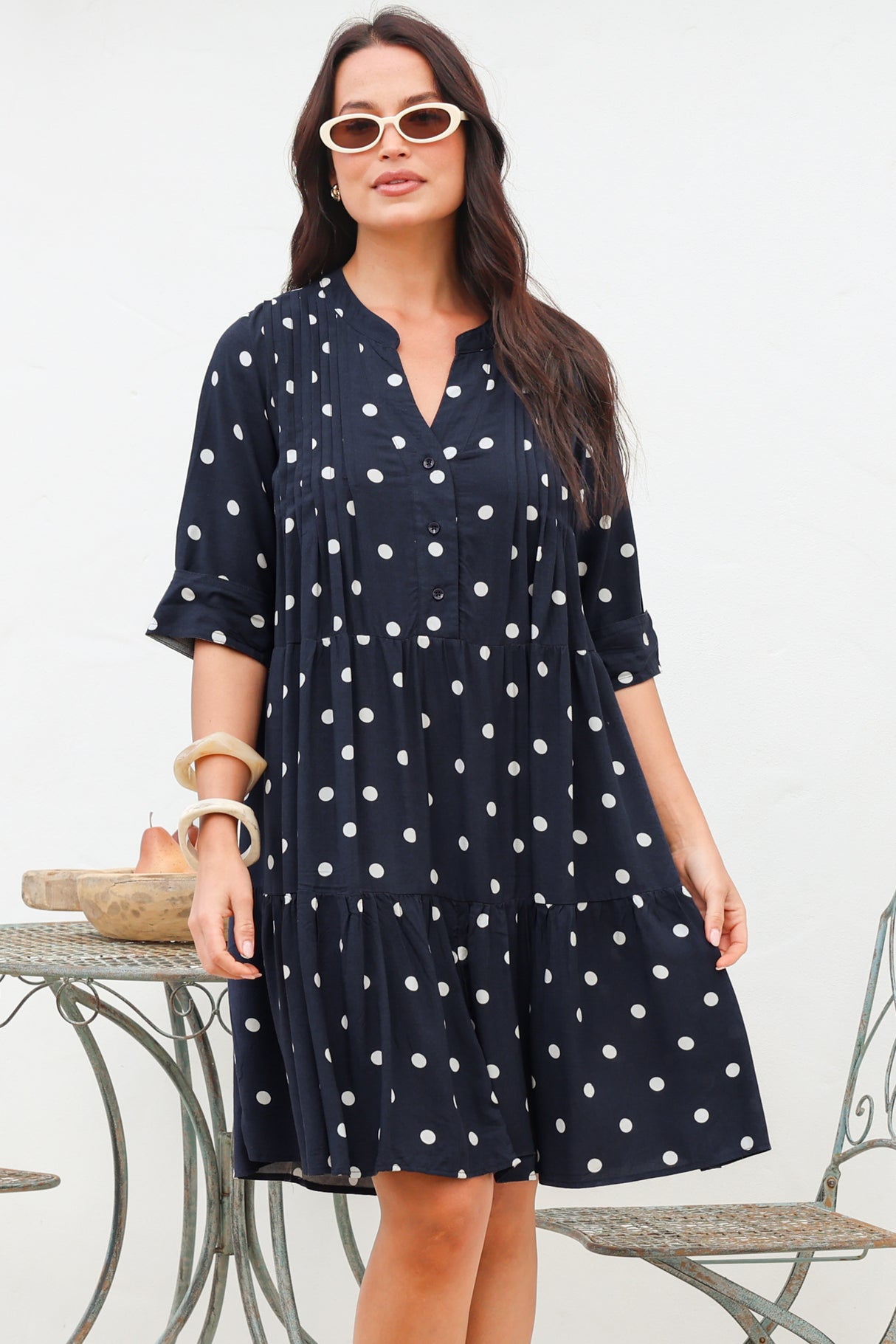 Evie Mini Dress - 3/4 Sleeve Tiered Smock Dress in Parisian Polka Navy