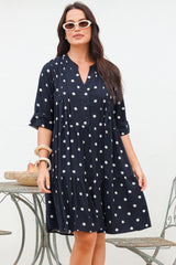 Evie Mini Dress - 3/4 Sleeve Tiered Smock Dress in Parisian Polka Navy