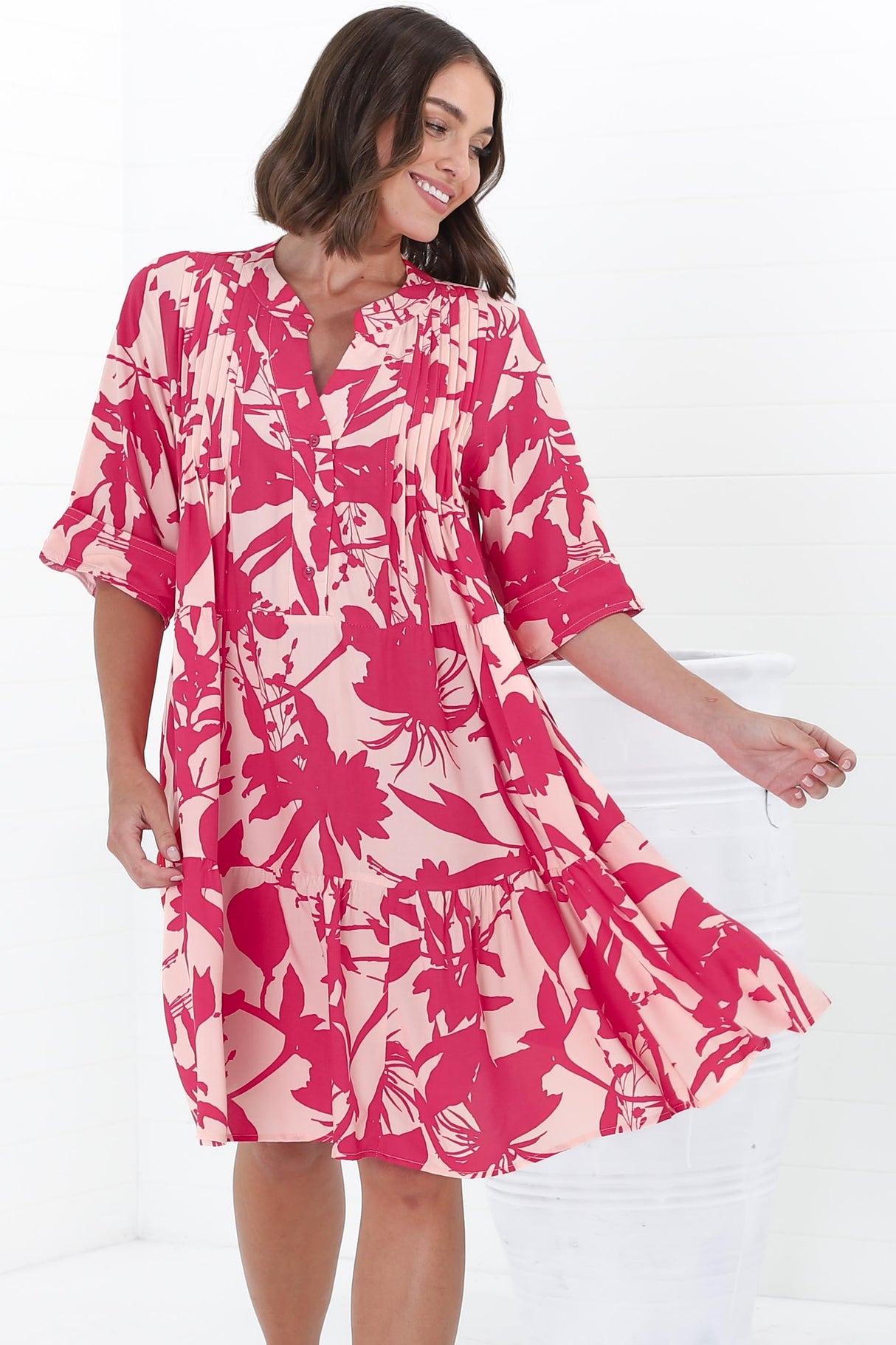 Evie Mini Dress - 3/4 Sleeve Tiered Smock Dress in Patty Print Pink