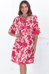 Evie Mini Dress - 3/4 Sleeve Tiered Smock Dress in Patty Print Pink