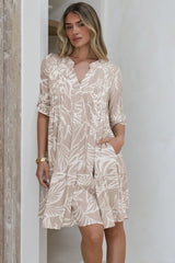 Evie Mini Dress - 3/4 Sleeve Tiered Smock Dress in Jeani Print Beige