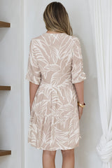 Evie Mini Dress - 3/4 Sleeve Tiered Smock Dress in Jeani Print Beige