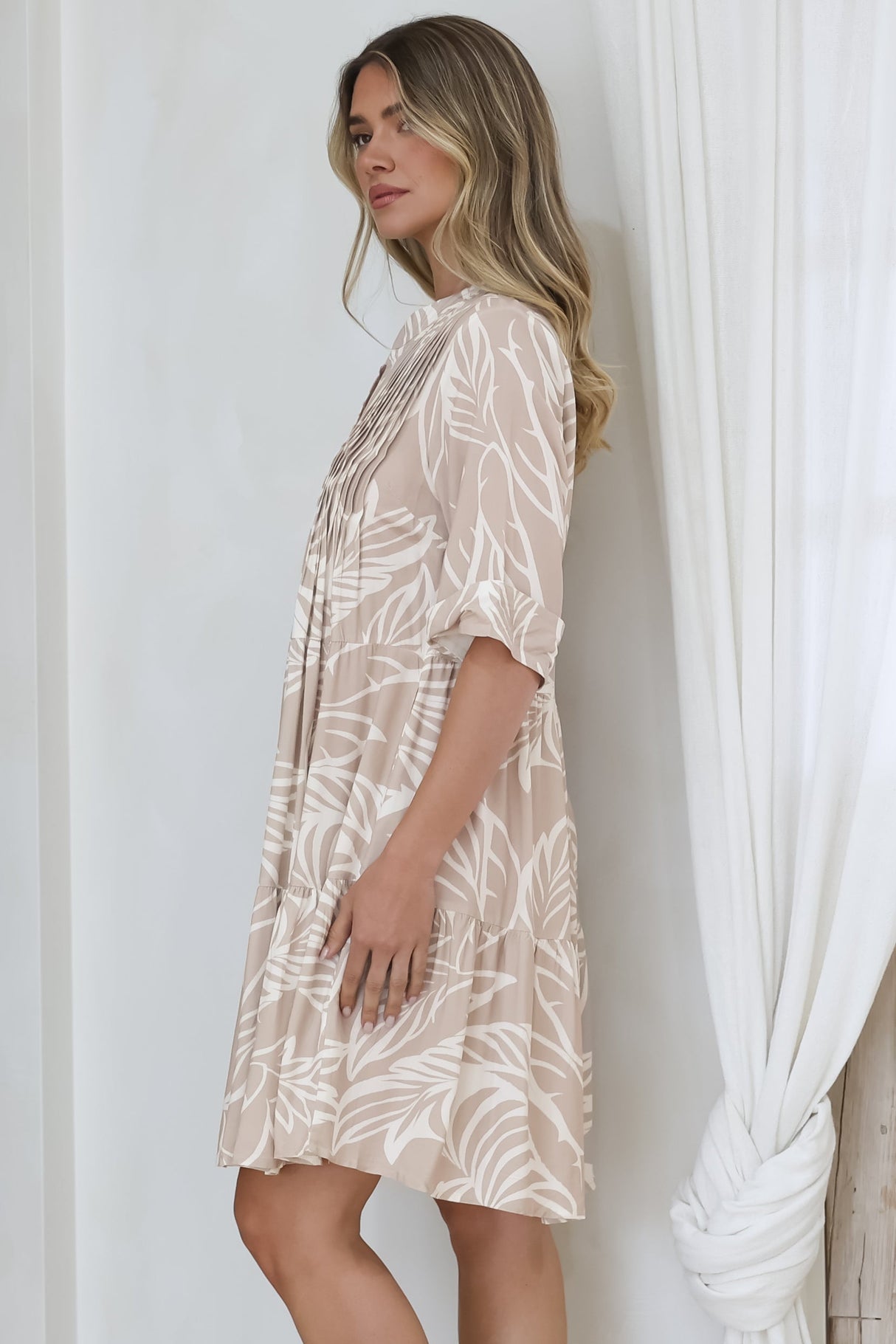 Evie Mini Dress - 3/4 Sleeve Tiered Smock Dress in Jeani Print Beige