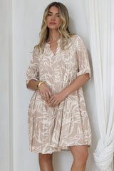 Evie Mini Dress - 3/4 Sleeve Tiered Smock Dress in Jeani Print Beige