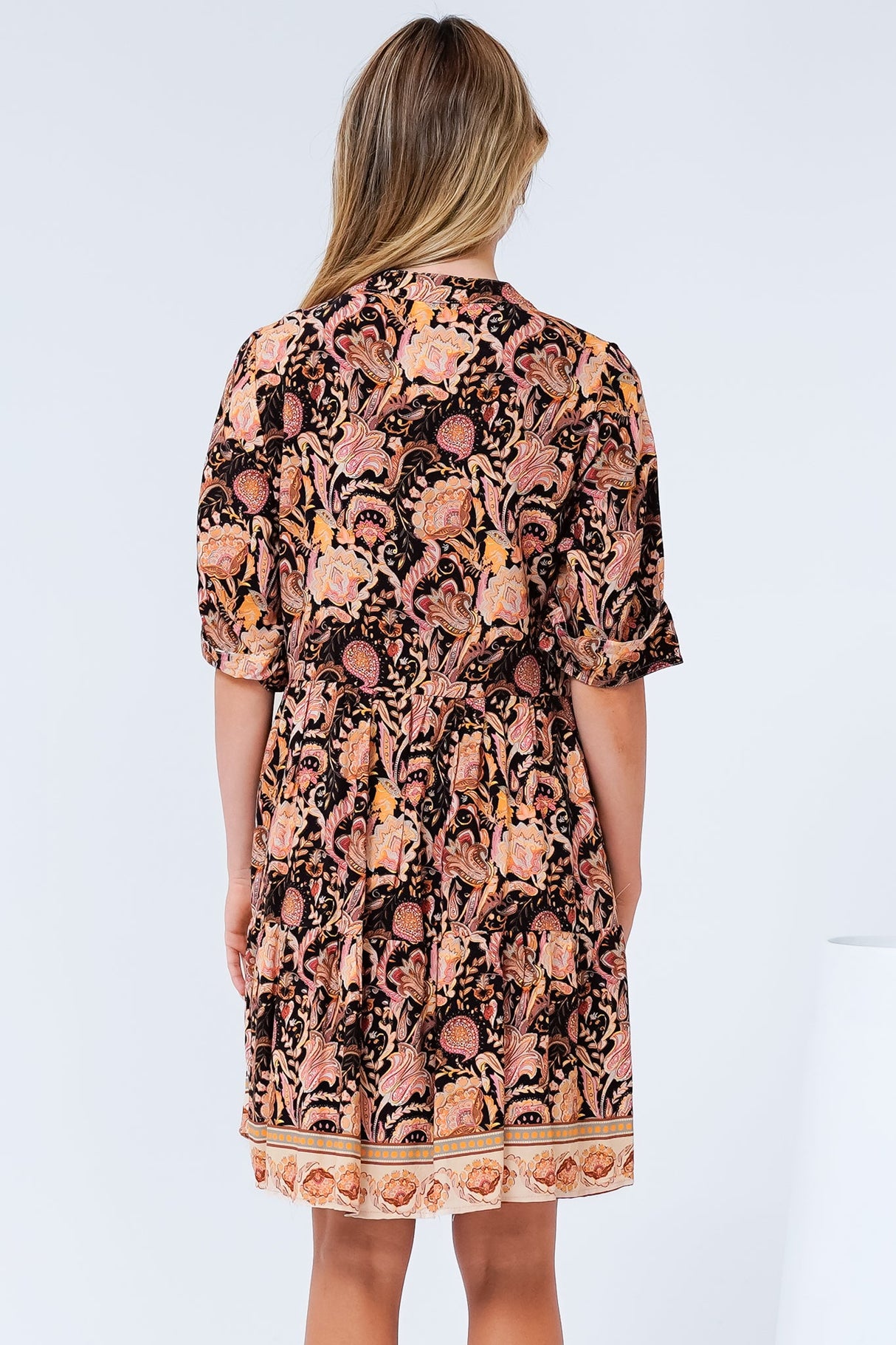 Evie Mini Dress - 3/4 Sleeve Tiered Smock Dress in Pree Print Black