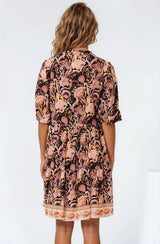 Evie Mini Dress - 3/4 Sleeve Tiered Smock Dress in Pree Print Black