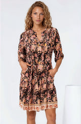 Evie Mini Dress - 3/4 Sleeve Tiered Smock Dress in Pree Print Black