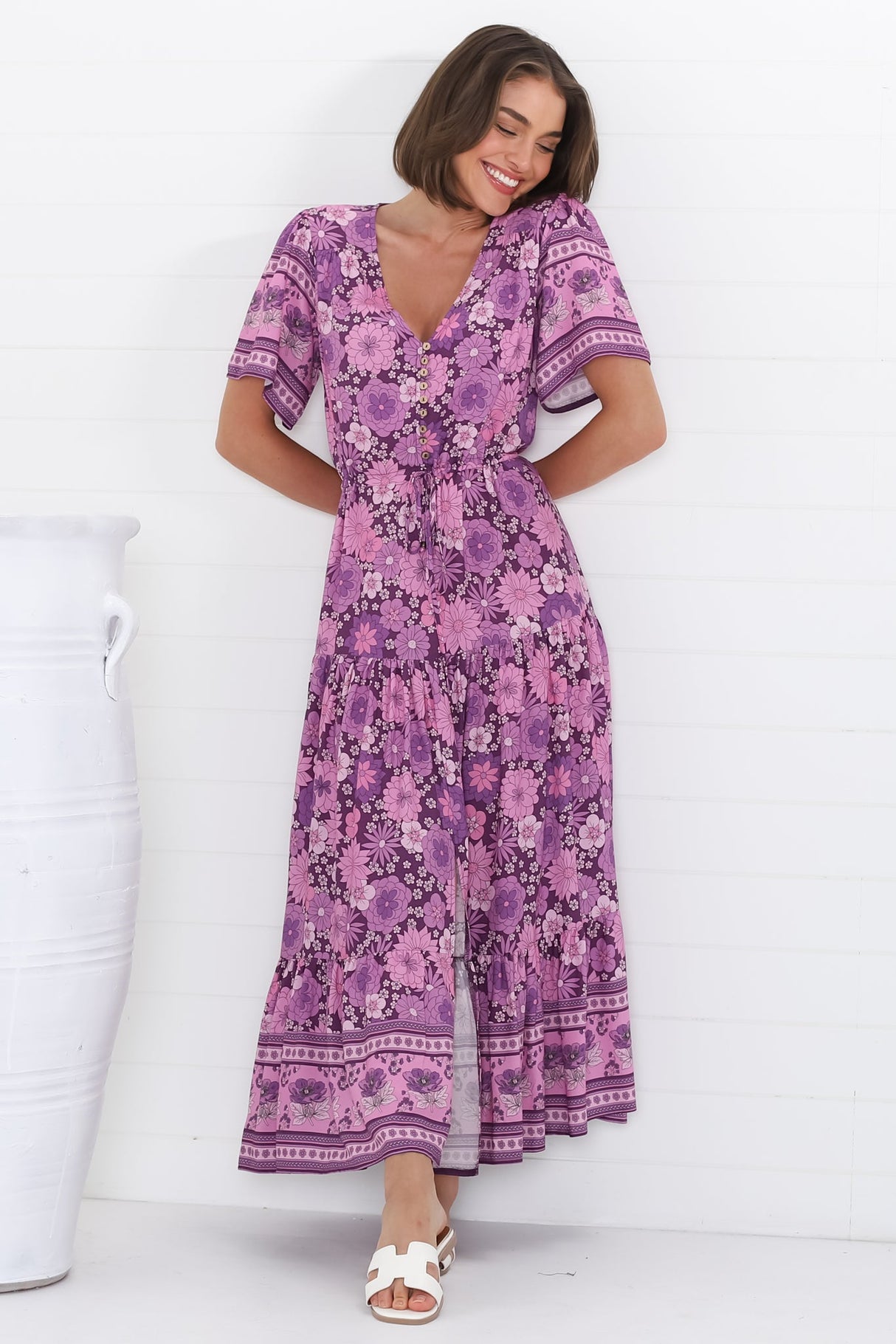 Excalibur Maxi Dress - Short Sleeve Pull Tie Waist Dress with Modest Split in Ursulla Print Purple