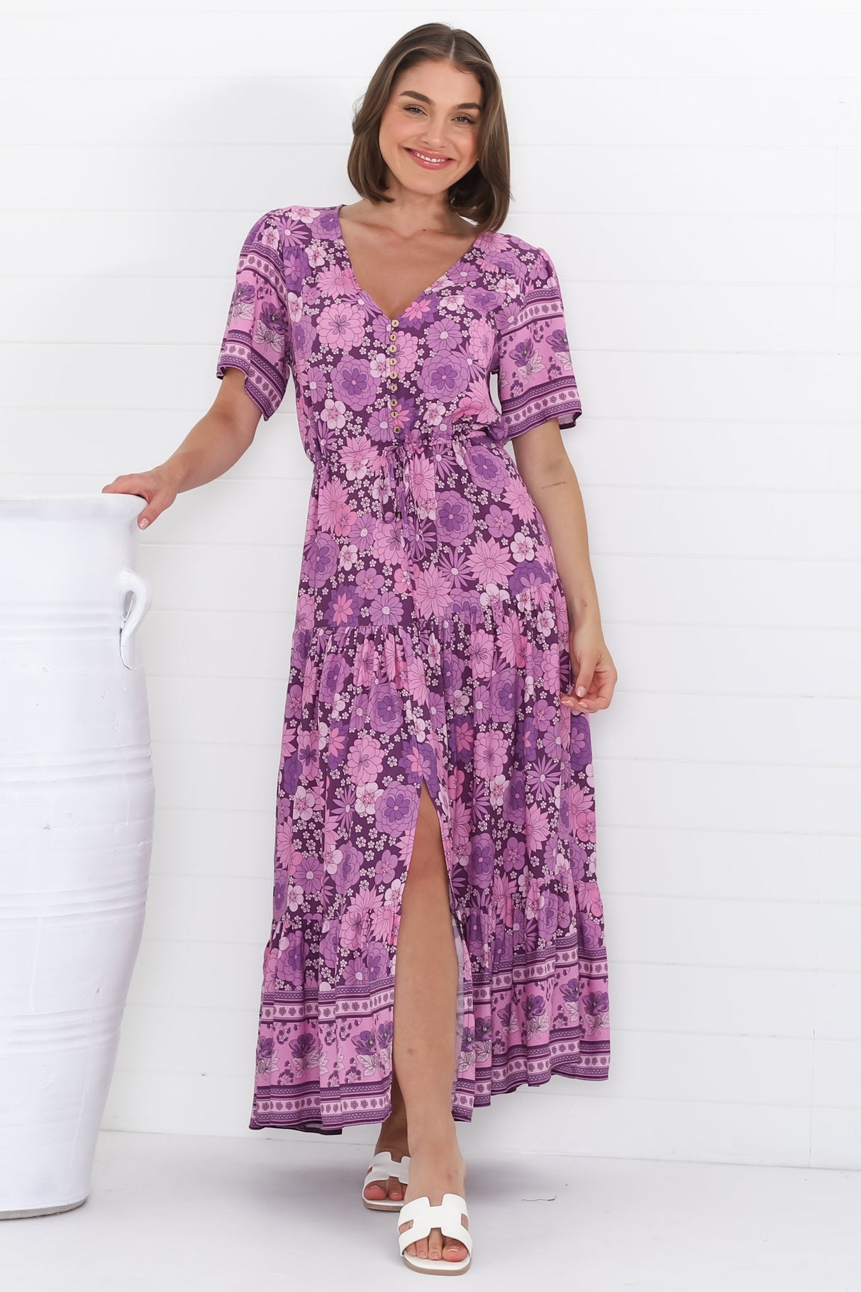 Excalibur Maxi Dress - Short Sleeve Pull Tie Waist Dress with Modest Split in Ursulla Print Purple