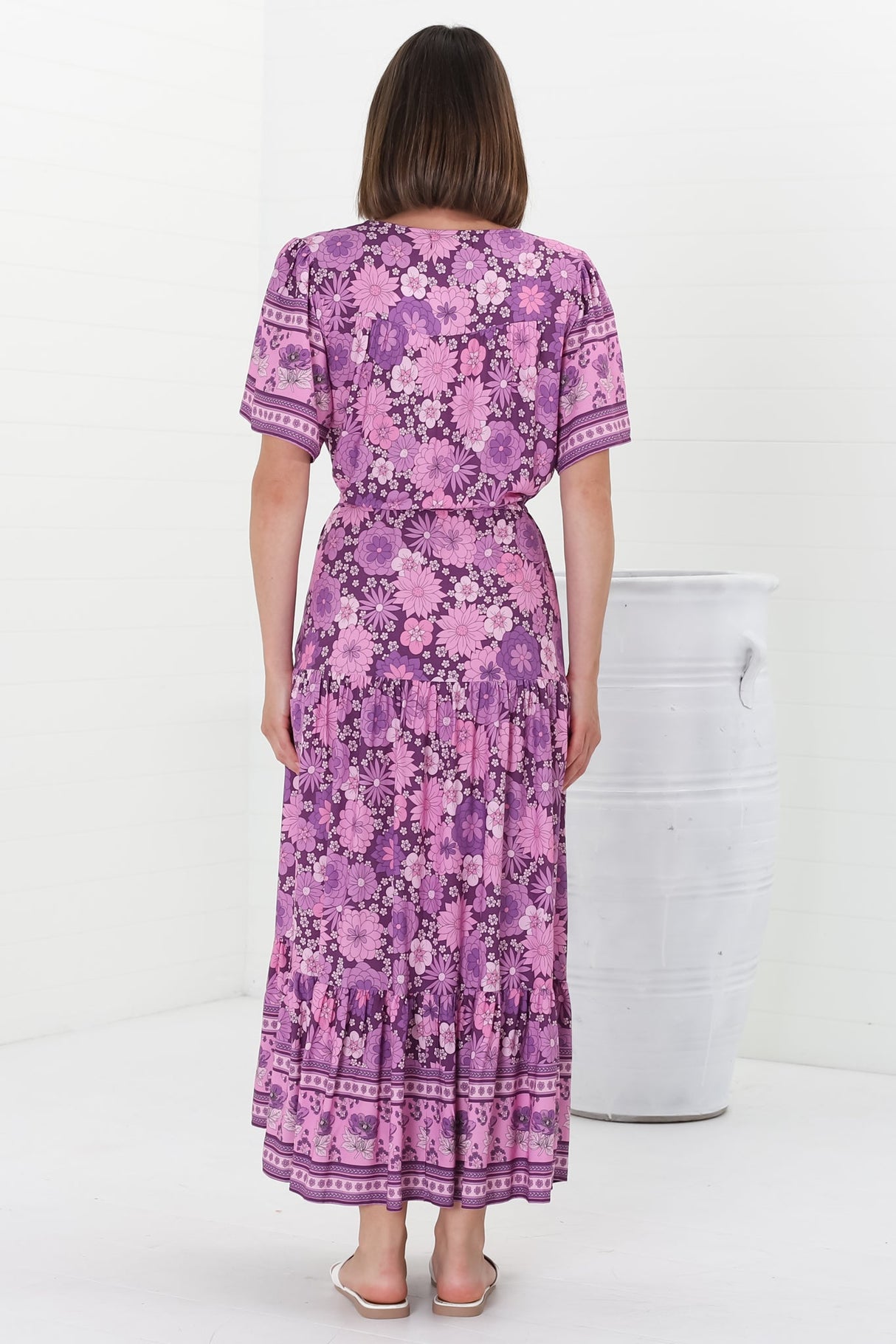 Excalibur Maxi Dress - Short Sleeve Pull Tie Waist Dress with Modest Split in Ursulla Print Purple