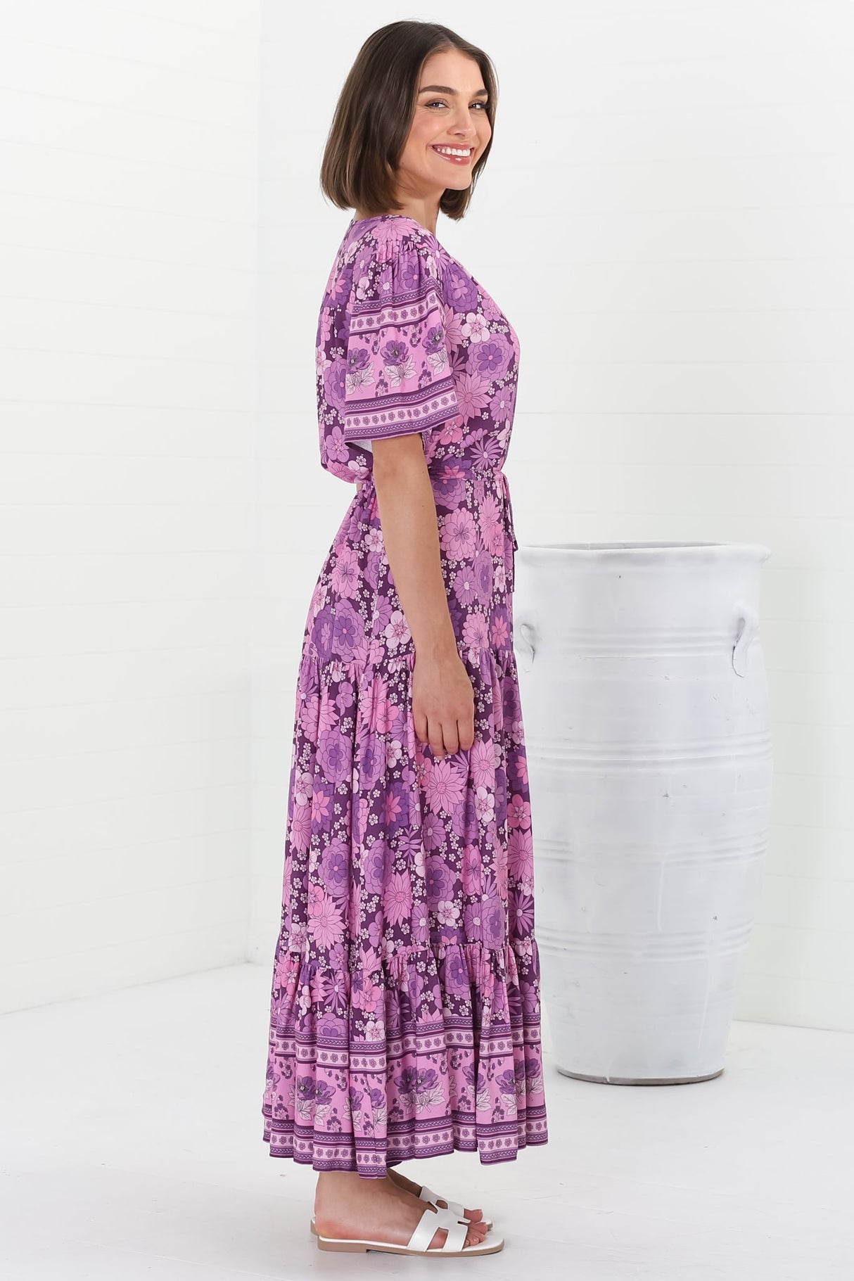 Excalibur Maxi Dress - Short Sleeve Pull Tie Waist Dress with Modest Split in Ursulla Print Purple