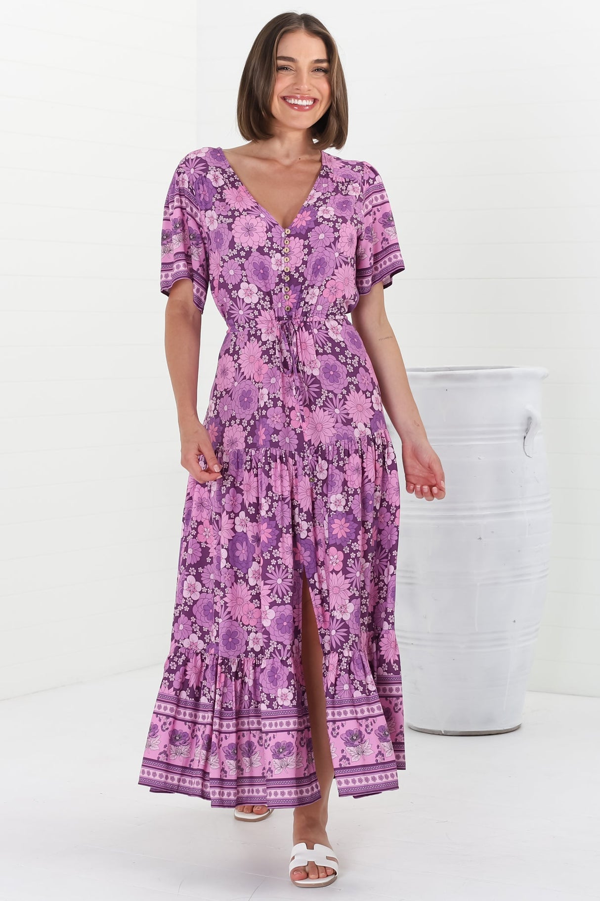 Excalibur Maxi Dress - Short Sleeve Pull Tie Waist Dress with Modest Split in Ursulla Print Purple