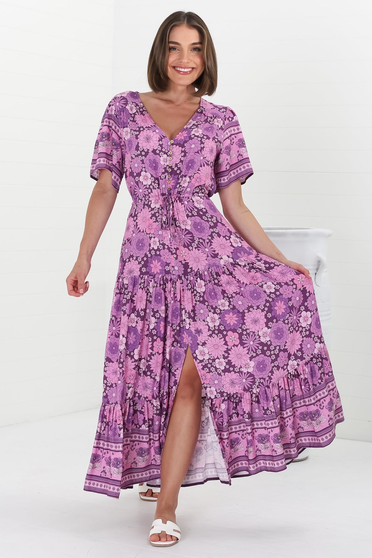 Excalibur Maxi Dress - Short Sleeve Pull Tie Waist Dress with Modest Split in Ursulla Print Purple