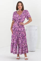 Excalibur Maxi Dress - Short Sleeve Pull Tie Waist Dress with Modest Split in Ursulla Print Purple