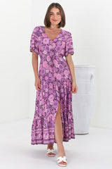 Excalibur Maxi Dress - Short Sleeve Pull Tie Waist Dress with Modest Split in Ursulla Print Purple