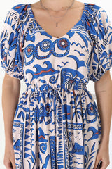 Ezrah Midi Dress - V Neck On or Off Shoulder Dress with Balloon Sleeves in Gadu Print Blue