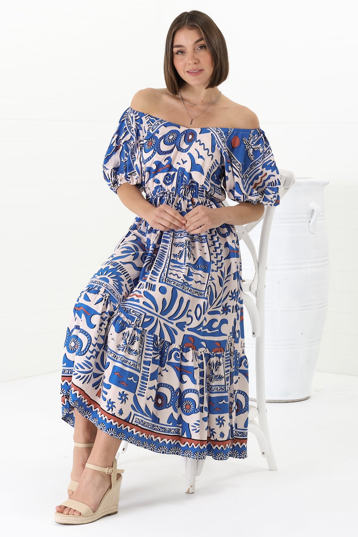 Ezrah Midi Dress - V Neck On or Off Shoulder Dress with Balloon Sleeves in Gadu Print Blue