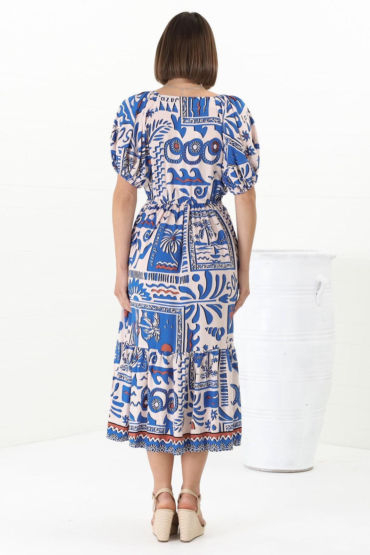 Ezrah Midi Dress - V Neck On or Off Shoulder Dress with Balloon Sleeves in Gadu Print Blue