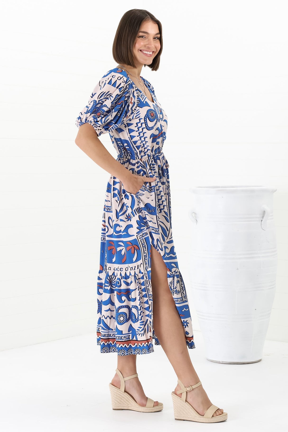 Ezrah Midi Dress - V Neck On or Off Shoulder Dress with Balloon Sleeves in Gadu Print Blue