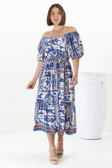 Ezrah Midi Dress - V Neck On or Off Shoulder Dress with Balloon Sleeves in Gadu Print Blue