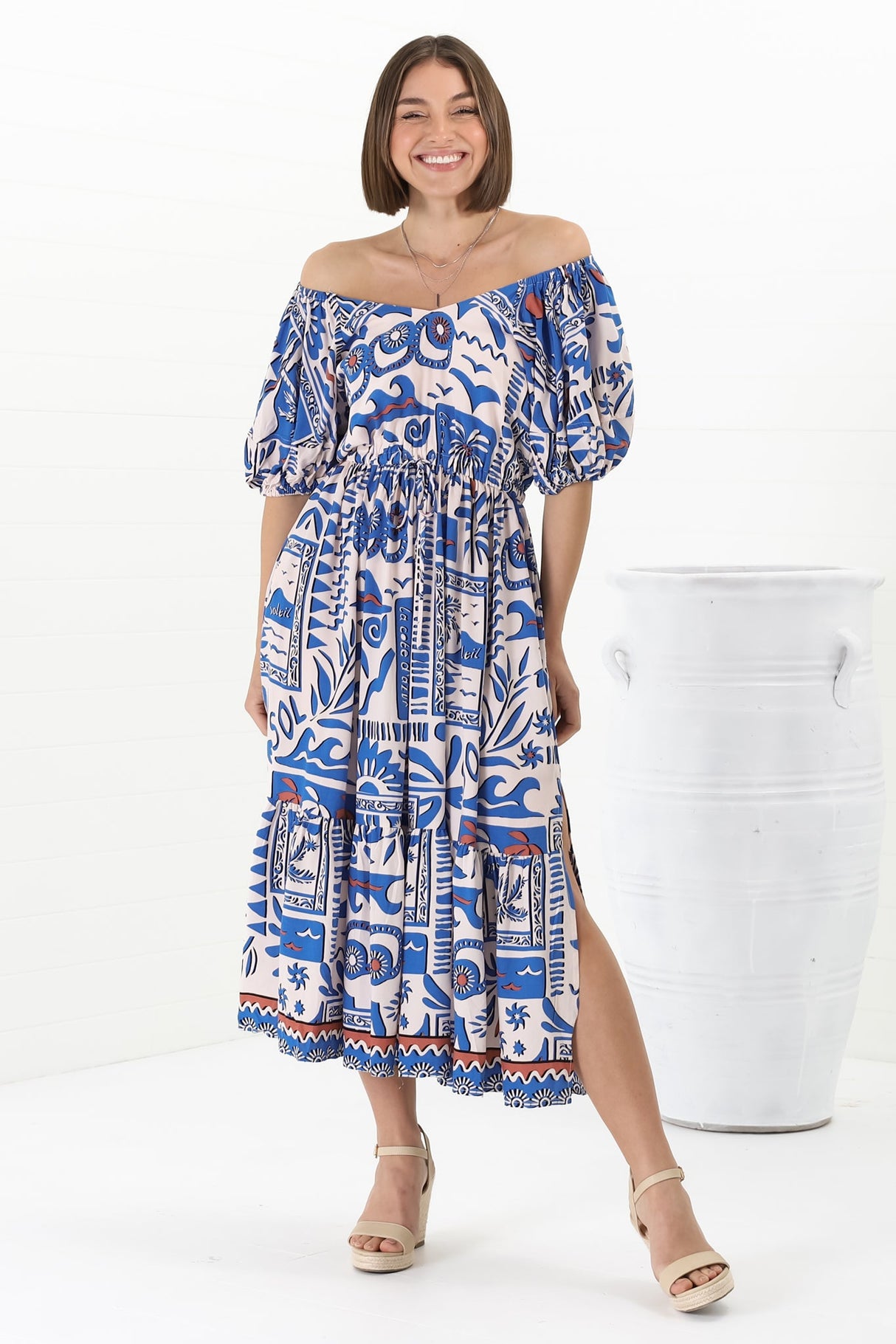 Ezrah Midi Dress - V Neck On or Off Shoulder Dress with Balloon Sleeves in Gadu Print Blue