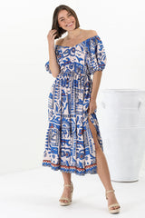 Ezrah Midi Dress - V Neck On or Off Shoulder Dress with Balloon Sleeves in Gadu Print Blue