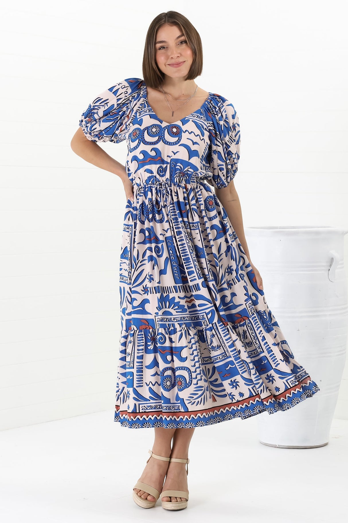 Ezrah Midi Dress - V Neck On or Off Shoulder Dress with Balloon Sleeves in Gadu Print Blue