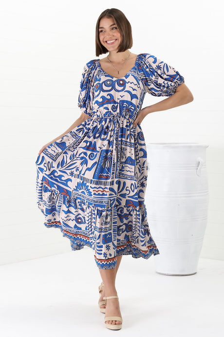 Ezrah Midi Dress - V Neck On or Off Shoulder Dress with Balloon Sleeves in Gadu Print Blue