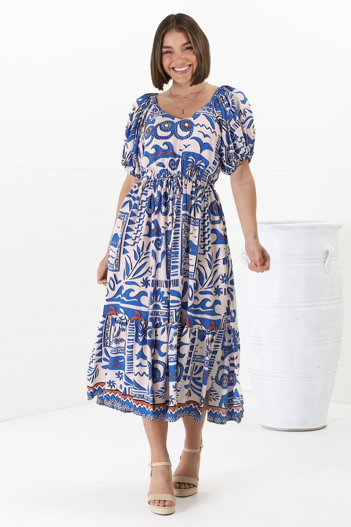 Ezrah Midi Dress - V Neck On or Off Shoulder Dress with Balloon Sleeves in Gadu Print Blue