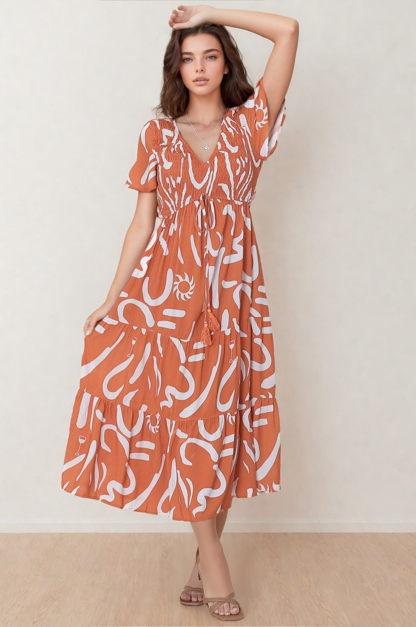 Amaya Midi Dress - Shirred Cap Sleeve A Line Dress in Daley Print Rust