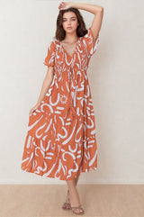 Amaya Midi Dress - Shirred Cap Sleeve A Line Dress in Daley Print Rust