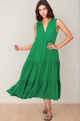 Fifi Linen Midi Dress - Mandarin Collar Sleeveless Button Down Dress in Green