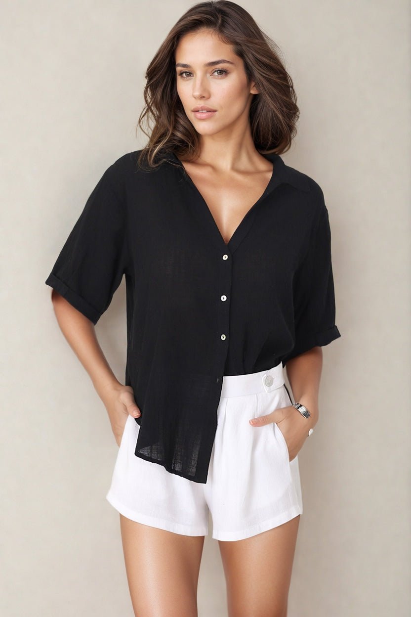 Shelly Shirt - Linen Collared Button Down Shirt in Black