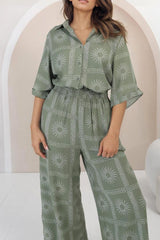 Rayane Collared Shirt and Pants Set - Astra Print in Green