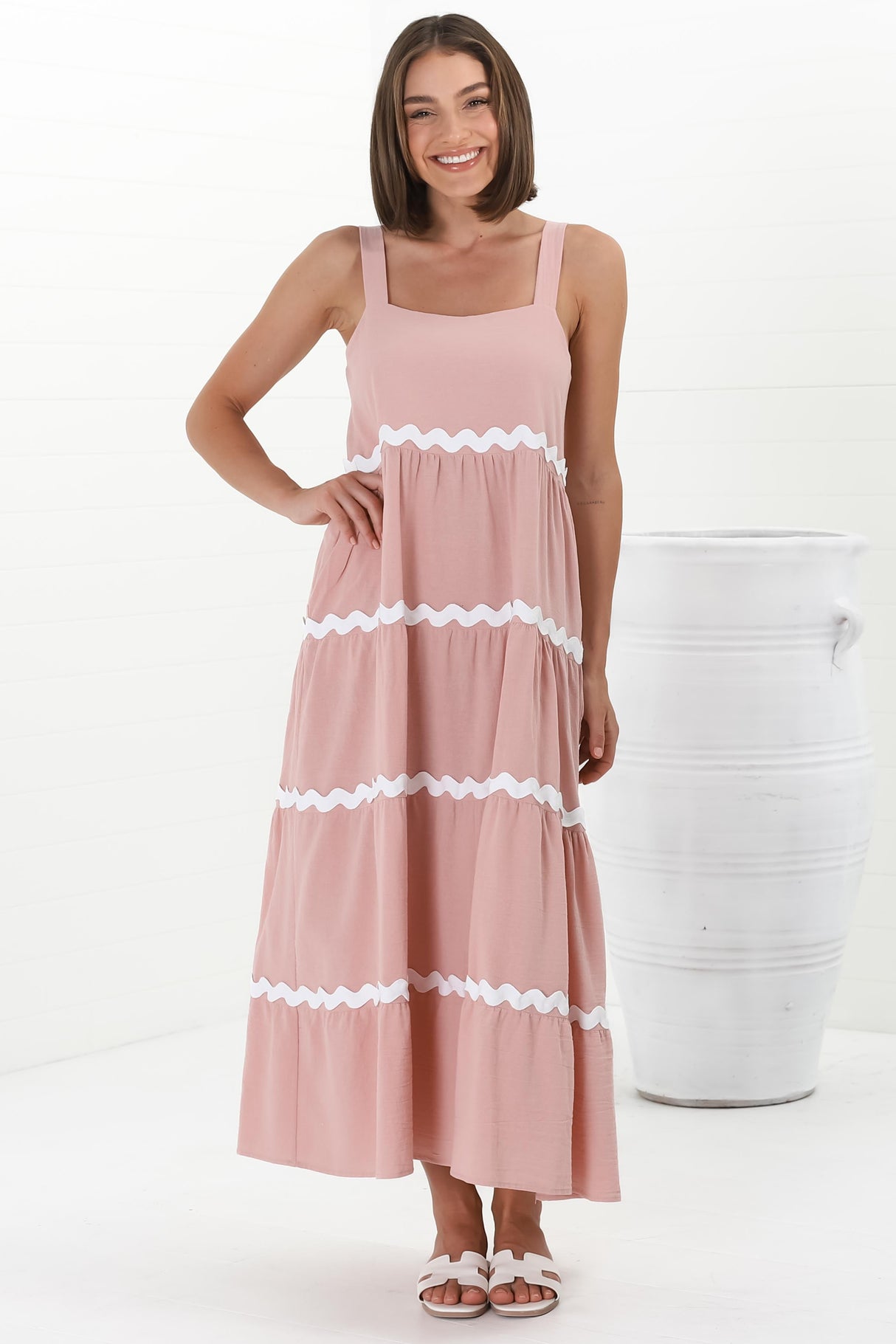 Fabie Midi Dress - Thick Strap Rick Rack Splicing Cotton Sun Dress in Blush