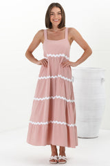 Fabie Midi Dress - Thick Strap Rick Rack Splicing Cotton Sun Dress in Blush