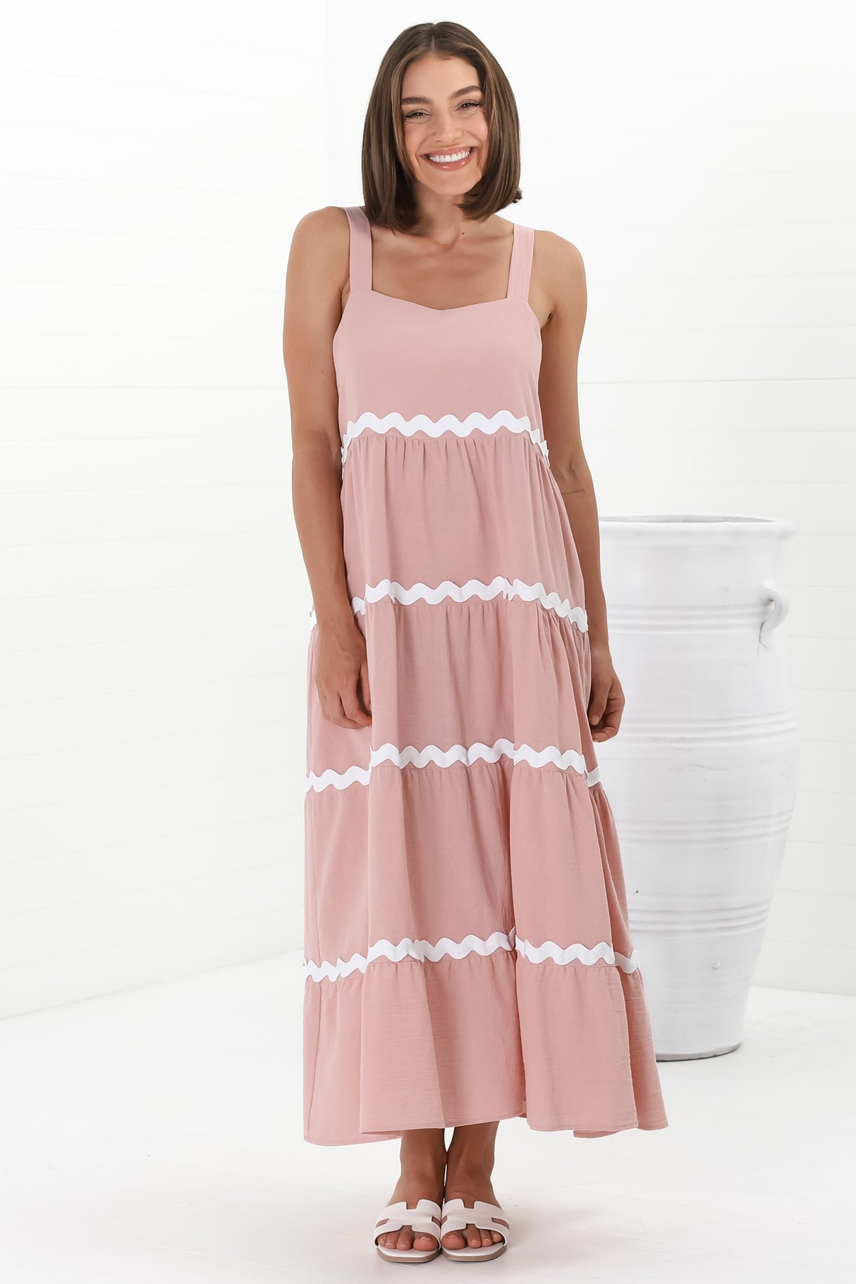 Fabie Midi Dress - Thick Strap Rick Rack Splicing Cotton Sun Dress in Blush