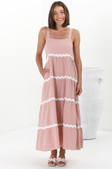 Fabie Midi Dress - Thick Strap Rick Rack Splicing Cotton Sun Dress in Blush