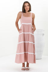 Fabie Midi Dress - Thick Strap Rick Rack Splicing Cotton Sun Dress in Blush