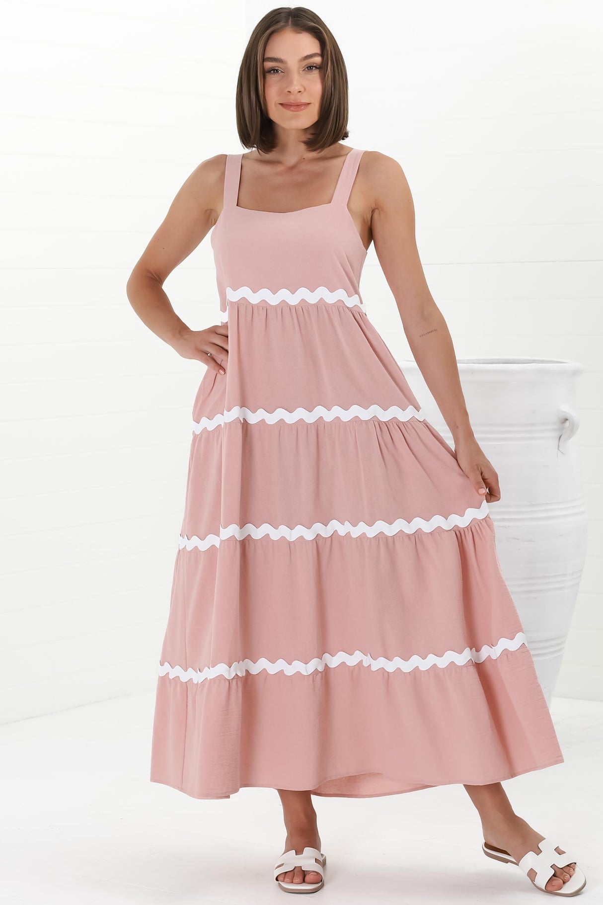 Fabie Midi Dress - Thick Strap Rick Rack Splicing Cotton Sun Dress in Blush