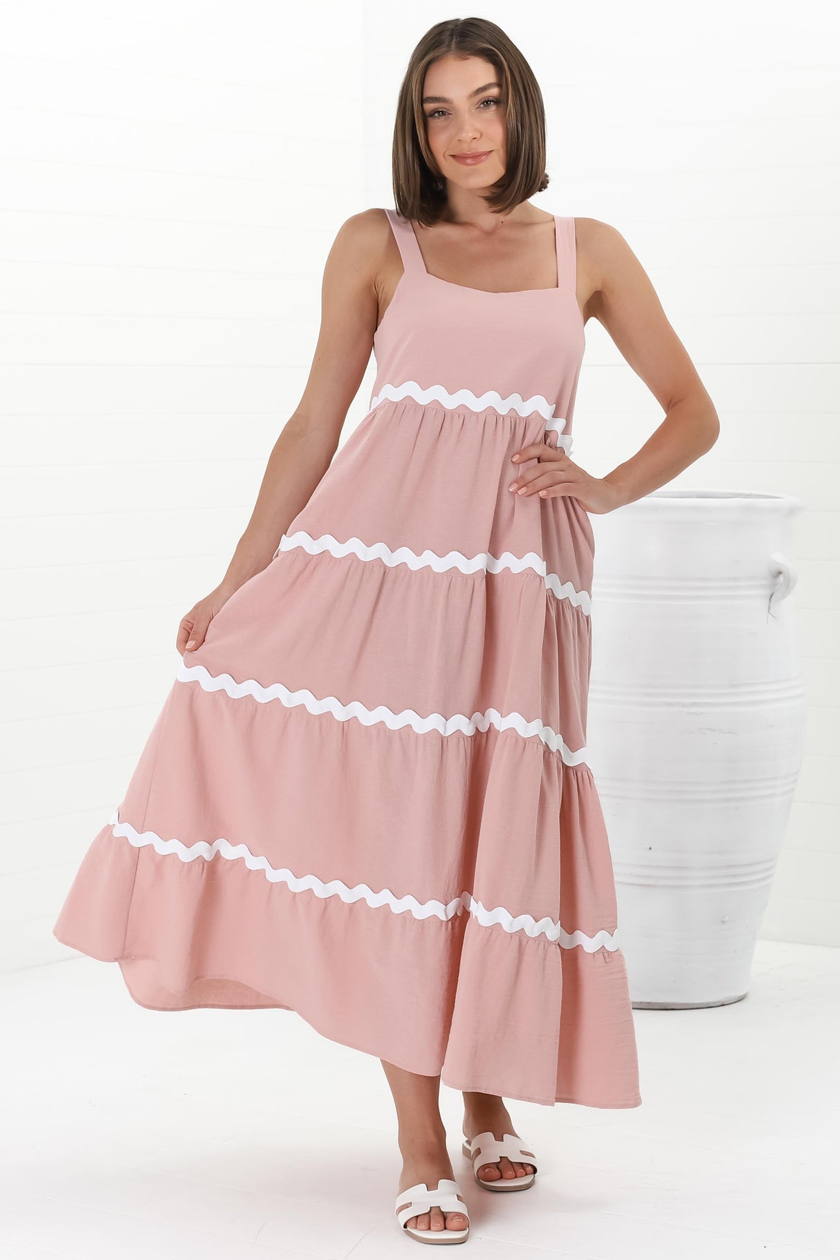 Fabie Midi Dress - Thick Strap Rick Rack Splicing Cotton Sun Dress in Blush