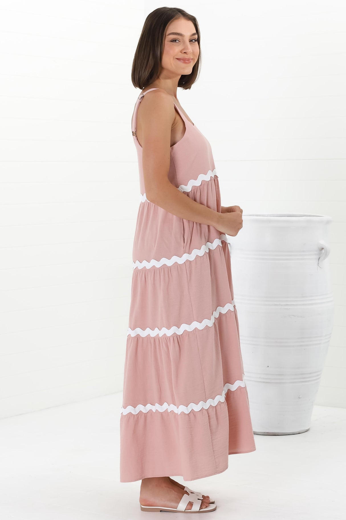 Fabie Midi Dress - Thick Strap Rick Rack Splicing Cotton Sun Dress in Blush